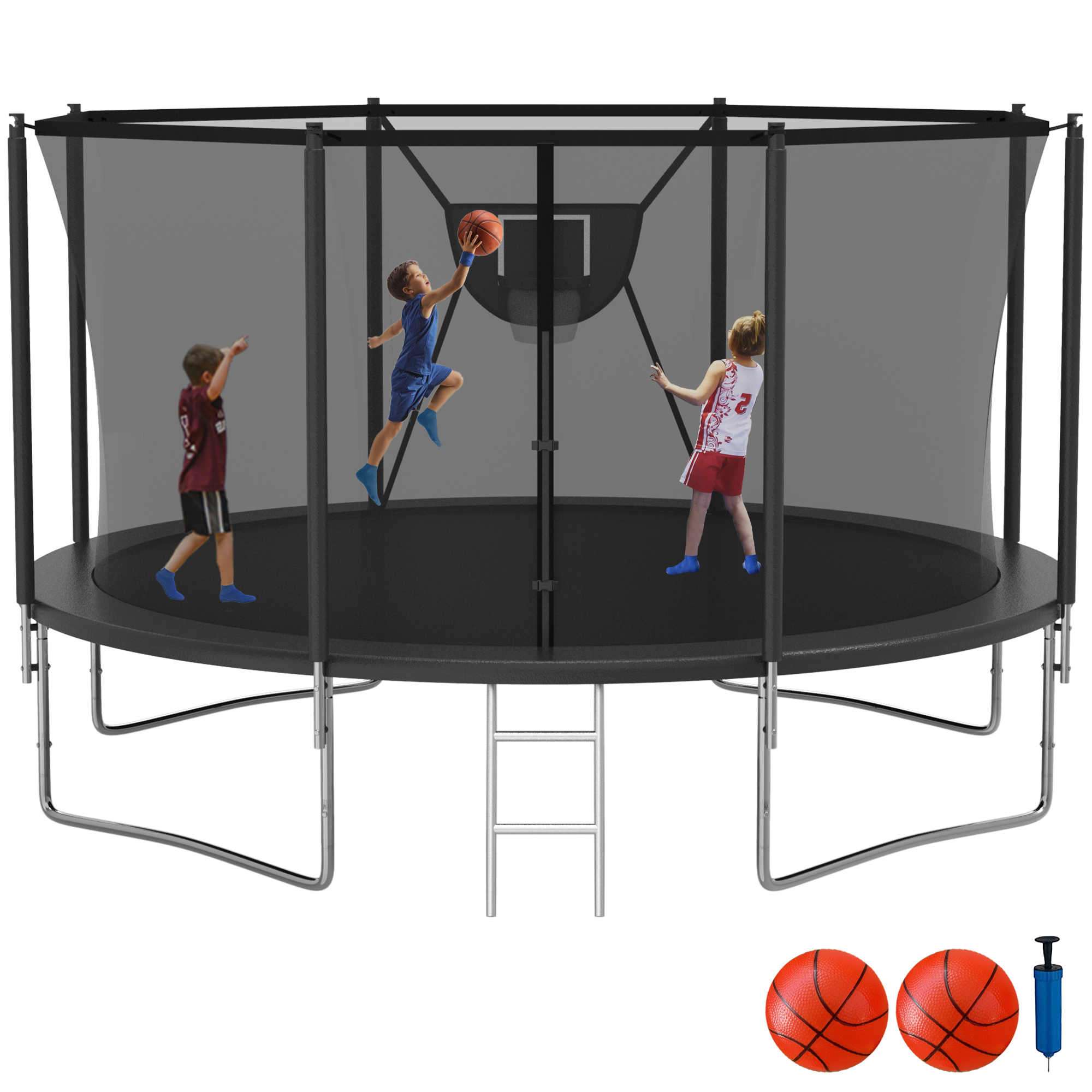 KOFUN Trampoline with Enclosure Net, Basketball Hoop, Ladder, 1500lbs 10FT 12FT 14FT 16FT Trampoline for Adults and Kids, No Gap Design Backyard Outdoor Trampoline, Black