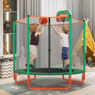 KOFUN 66" Mini Trampoline for Kids, 600LBS 5.5FT Indoor Outdoor Toddler Trampoline with Enclosure Net, Basketball Hoop and Ball, Small Trampoline Gifts for Boys and Girls Ages 1-8, Green