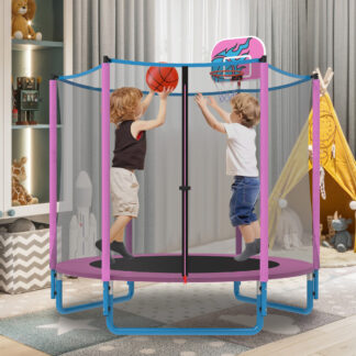 KOFUN 66" Mini Trampoline for Kids, 600LBS 5.5FT Indoor Outdoor Toddler Trampoline with Enclosure Net, Basketball Hoop and Ball, Small Trampoline Gifts for Boys and Girls Ages 1-8, Pink