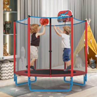 KOFUN 66" Mini Trampoline for Kids, 600LBS 5.5FT Indoor Outdoor Toddler Trampoline with Enclosure Net, Basketball Hoop and Ball, Small Trampoline Gifts for Boys and Girls Ages 1-8, Red