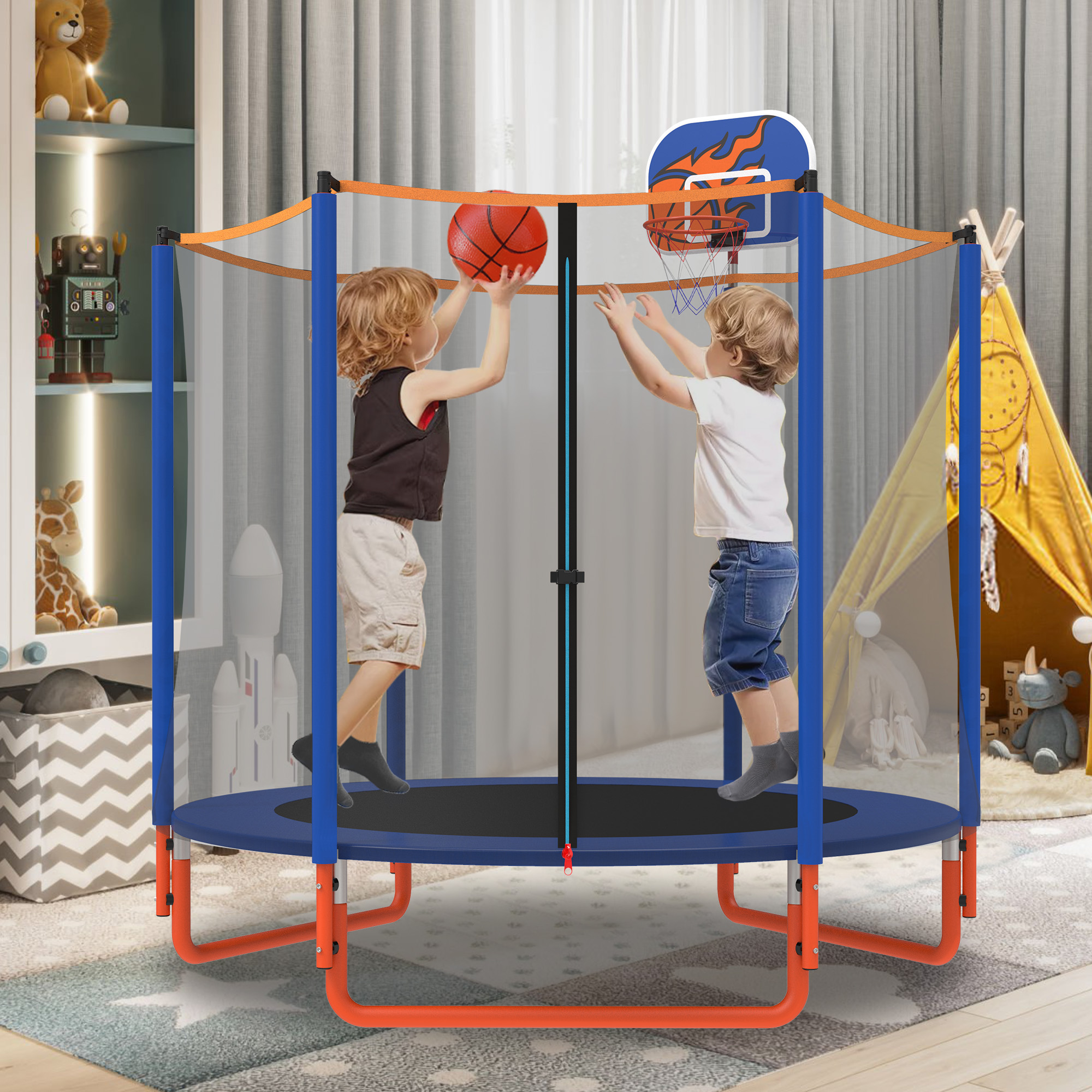 KOFUN 66" Mini Trampoline for Kids, 600LBS 5.5FT Indoor Outdoor Toddler Trampoline with Enclosure Net, Basketball Hoop and Ball, Small Trampoline Gifts for Boys and Girls Ages 1-8, Blue