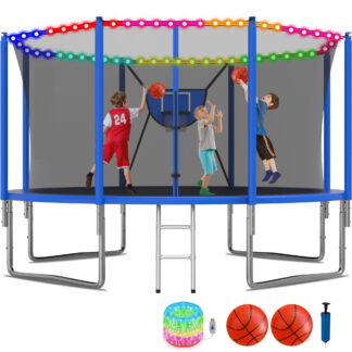 KOFUN 1200LBS 12FT Trampoline for Kids and Adults Outdoor Backyard Trampoline with Safety Enclosure Net, Removable Basketball Hoop, Ladder, Light, 2 Balls, Blue