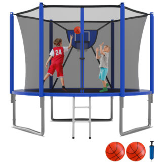KOFUN 1000LBS 10FT Trampoline for Kids and Adults Outdoor Backyard Trampoline with Safety Enclosure Net, Removable Basketball Hoop, Ladder, 2 Balls, Blue