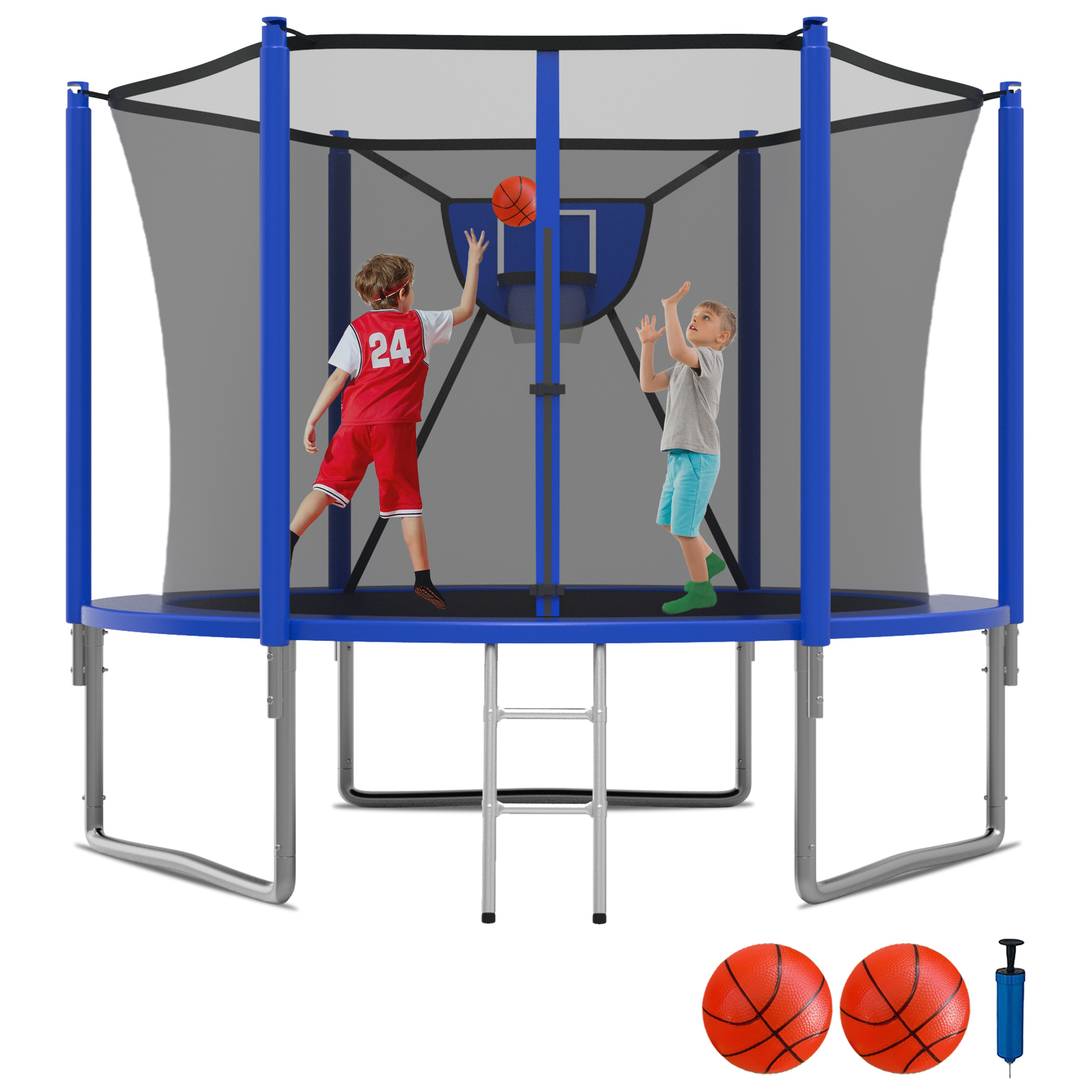 KOFUN 1000LBS 10FT Trampoline for Kids and Adults Outdoor Backyard Trampoline with Safety Enclosure Net, Removable Basketball Hoop, Ladder, 2 Balls, Blue