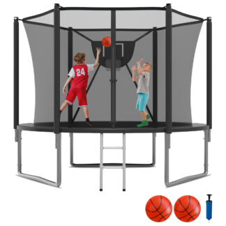 KOFUN 1000LBS 10FT Trampoline for Kids and Adults Outdoor Backyard Trampoline with Safety Enclosure Net, Removable Basketball Hoop, Ladder, 2 Balls, Black