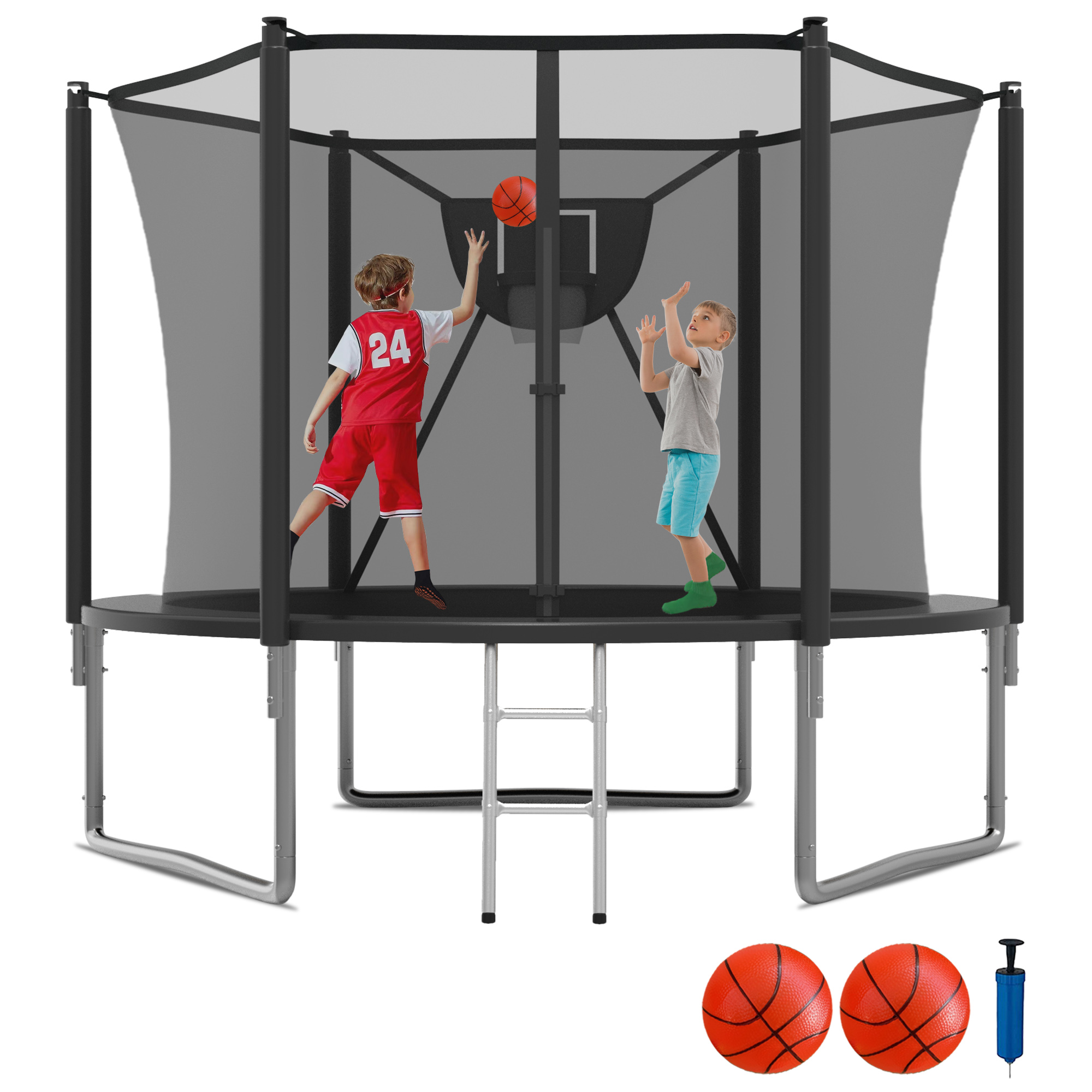 KOFUN 1000LBS 10FT Trampoline for Kids and Adults Outdoor Backyard Trampoline with Safety Enclosure Net, Removable Basketball Hoop, Ladder, 2 Balls, Black