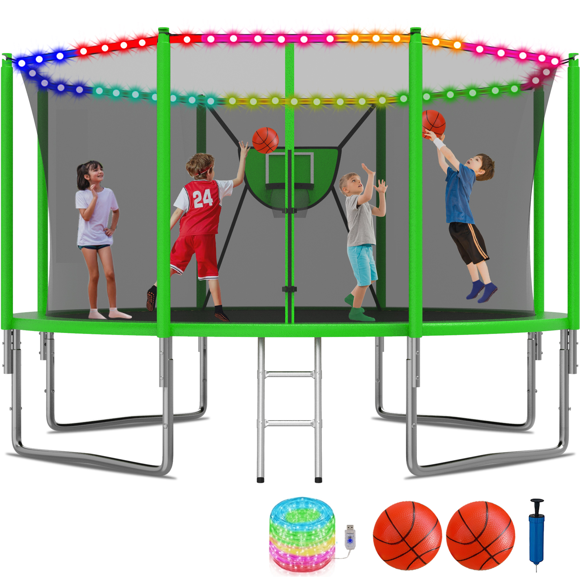 KOFUN 1400LBS 14FT Trampoline for Kids and Adults Outdoor Backyard Trampoline with Safety Enclosure Net, Removable Basketball Hoop, Ladder, Light, 2 Balls, Green