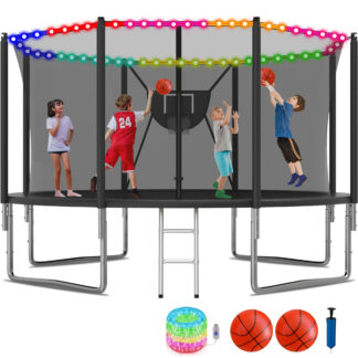 KOFUN 1400LBS 14FT Trampoline for Kids and Adults Outdoor Backyard Trampoline with Safety Enclosure Net, Removable Basketball Hoop, Ladder, Light, 2 Balls, Black