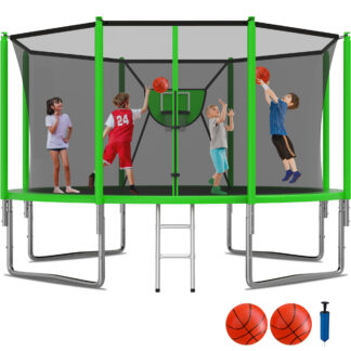 KOFUN 1400LBS 14FT Trampoline for Kids and Adults Outdoor Backyard Trampoline with Safety Enclosure Net, Removable Basketball Hoop, Ladder, 2 Balls, Green