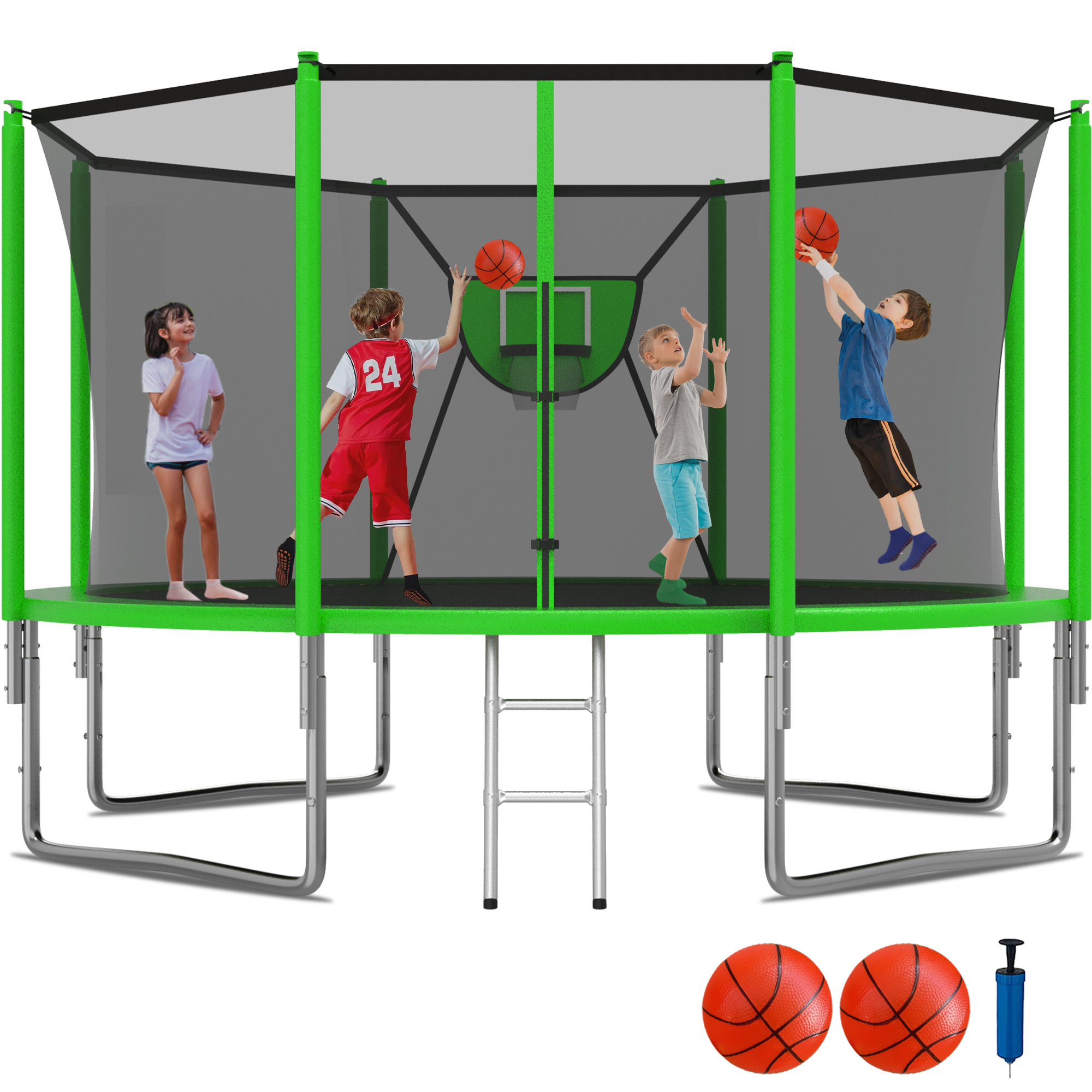KOFUN 1400LBS 14FT Trampoline for Kids and Adults Outdoor Backyard Trampoline with Safety Enclosure Net, Removable Basketball Hoop, Ladder, 2 Balls, Green