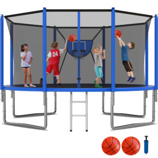 KOFUN 1400LBS 14FT Trampoline for Kids and Adults Outdoor Backyard Trampoline with Safety Enclosure Net, Removable Basketball Hoop, Ladder, 2 Balls, Blue