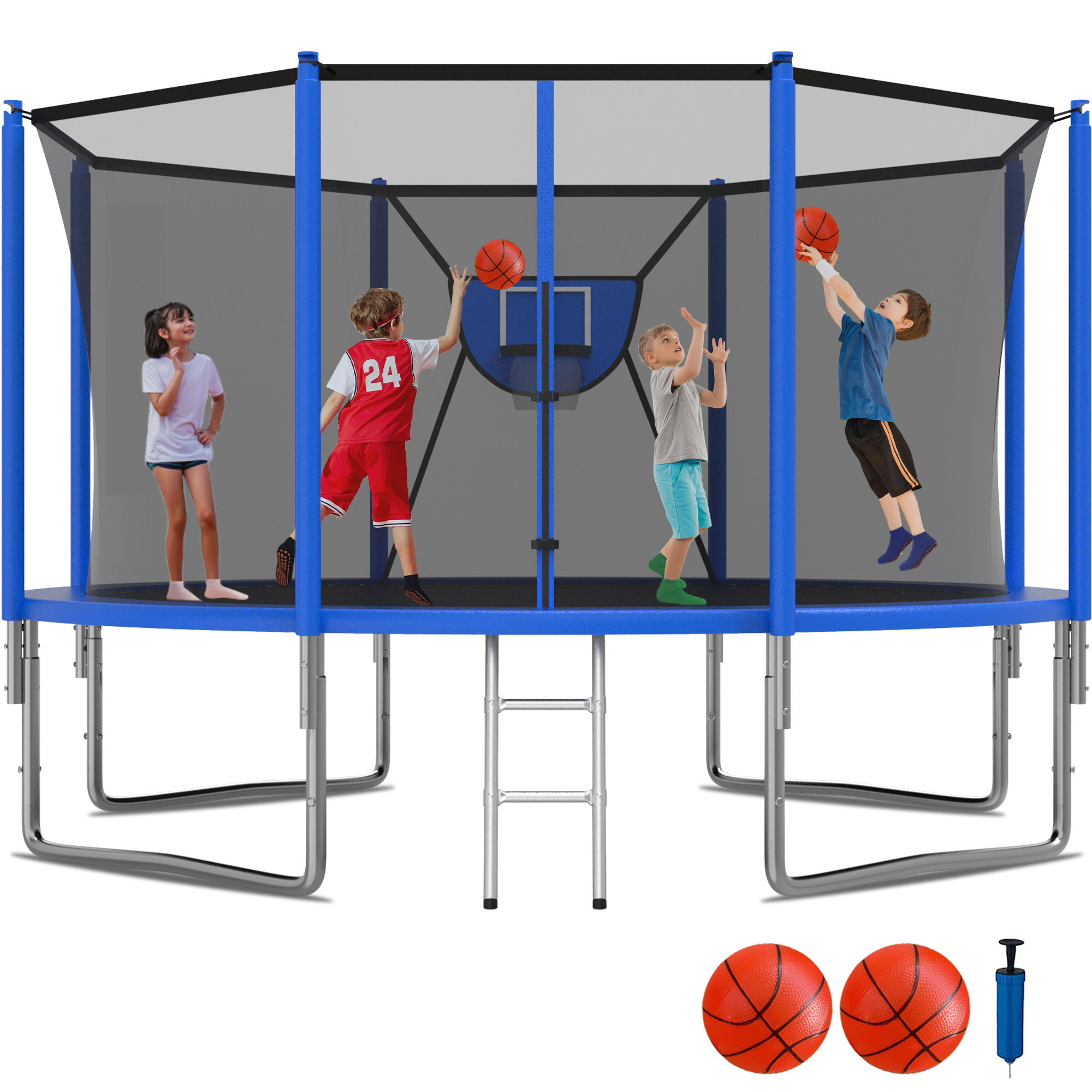 KOFUN 1400LBS 14FT Trampoline for Kids and Adults Outdoor Backyard Trampoline with Safety Enclosure Net, Removable Basketball Hoop, Ladder, 2 Balls, Blue