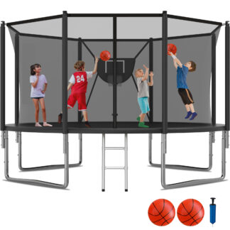 KOFUN 1400LBS 14FT Trampoline for Kids and Adults Outdoor Backyard Trampoline with Safety Enclosure Net, Removable Basketball Hoop, Ladder, 2 Balls, Black