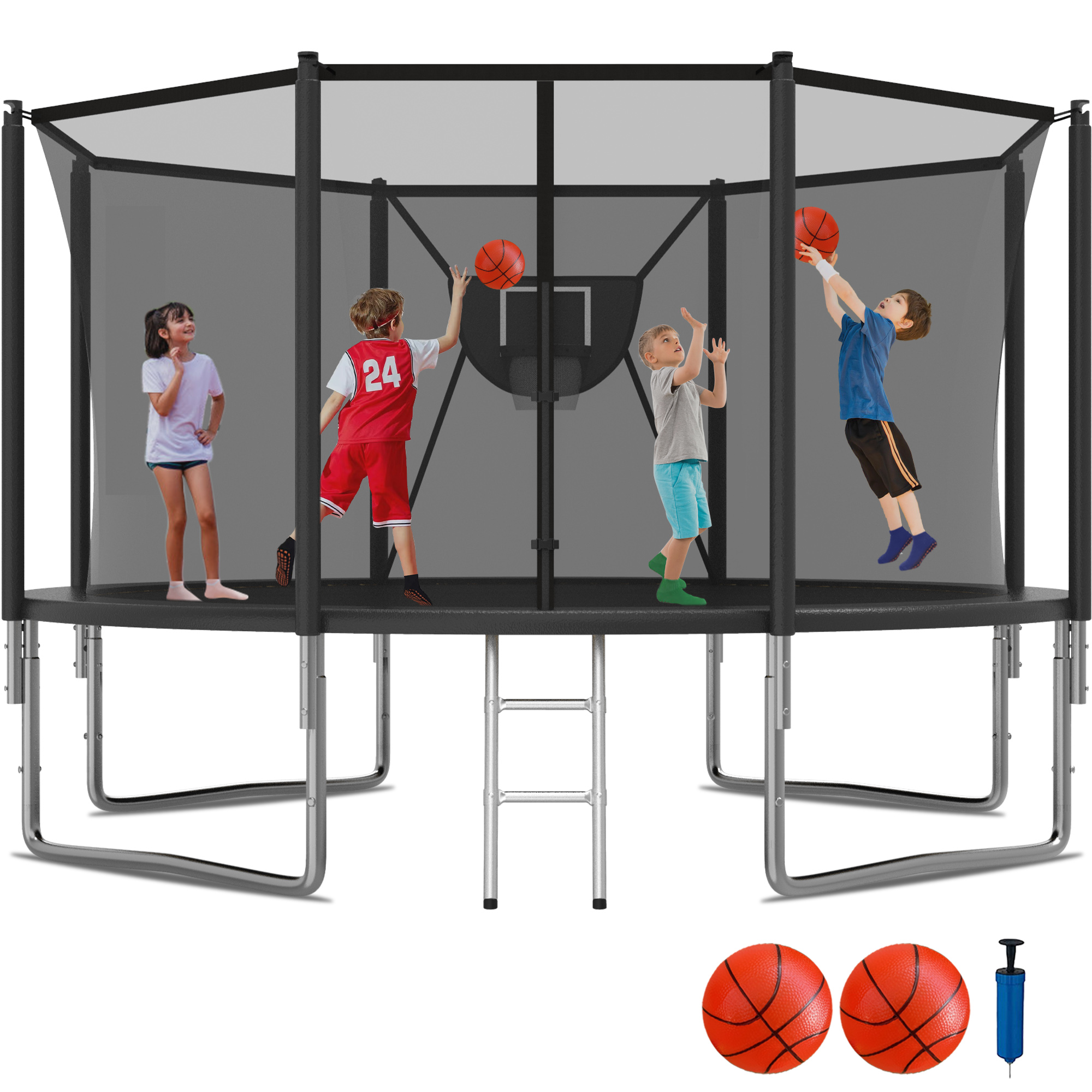 KOFUN 1400LBS 14FT Trampoline for Kids and Adults Outdoor Backyard Trampoline with Safety Enclosure Net, Removable Basketball Hoop, Ladder, 2 Balls, Black