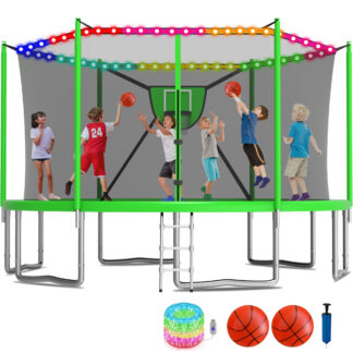 KOFUN 1500LBS 16FT Trampoline for Kids and Adults Outdoor Backyard Trampoline with Safety Enclosure Net, Removable Basketball Hoop, Ladder, Light, 2 Balls, Green