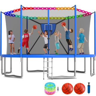 KOFUN 1500LBS 16FT Trampoline for Kids and Adults Outdoor Backyard Trampoline with Safety Enclosure Net, Removable Basketball Hoop, Ladder, Light, 2 Balls, Blue
