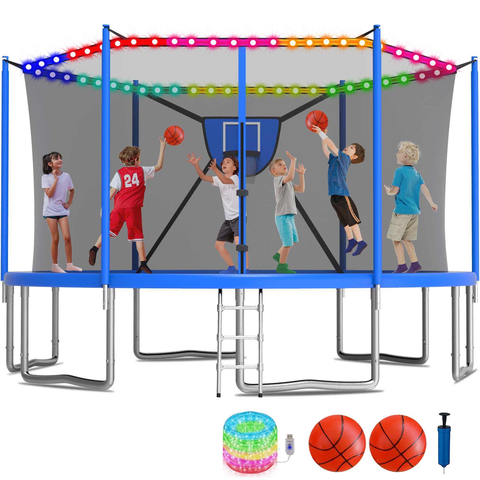 KOFUN 1500LBS 16FT Trampoline for Kids and Adults Outdoor Backyard Trampoline with Safety Enclosure Net, Removable Basketball Hoop, Ladder, Light, 2 Balls, Blue