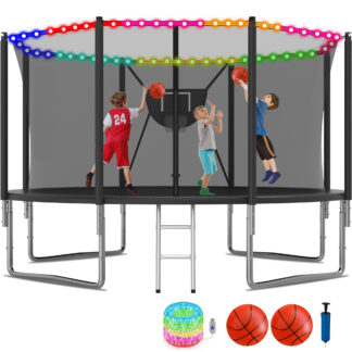 KOFUN 1200LBS 12FT Trampoline for Kids and Adults Outdoor Backyard Trampoline with Safety Enclosure Net, Removable Basketball Hoop, Ladder, Light, 2 Balls, Black