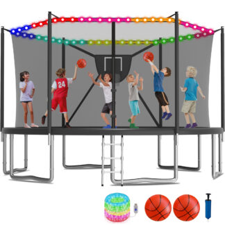 KOFUN 1500LBS 16FT Trampoline for Kids and Adults Outdoor Backyard Trampoline with Safety Enclosure Net, Removable Basketball Hoop, Ladder, Light, 2 Balls, Black