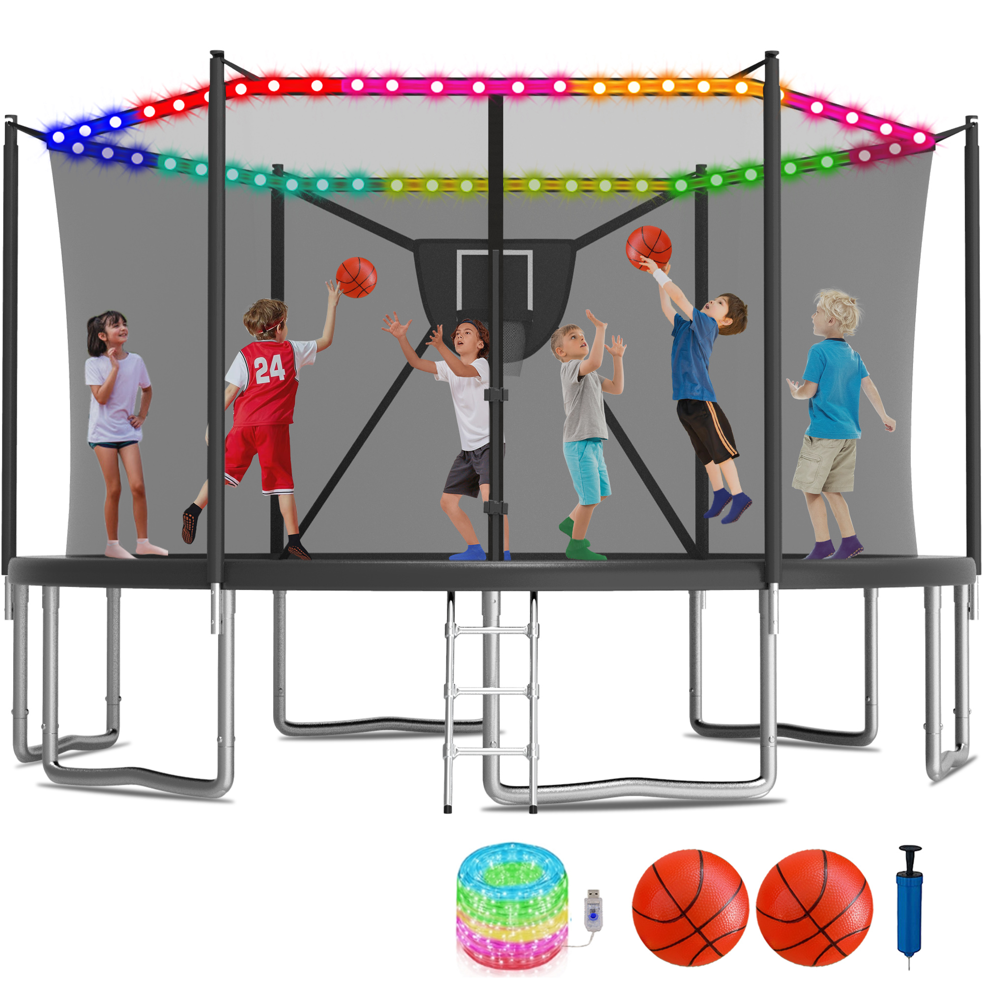 KOFUN 1500LBS 16FT Trampoline for Kids and Adults Outdoor Backyard Trampoline with Safety Enclosure Net, Removable Basketball Hoop, Ladder, Light, 2 Balls, Black