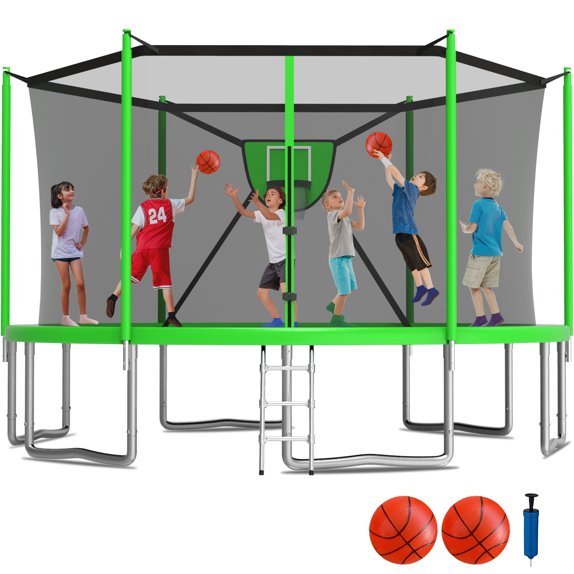 KOFUN 1500LBS 16FT Trampoline for Kids and Adults Outdoor Backyard Trampoline with Safety Enclosure Net, Removable Basketball Hoop, Ladder, 2 Balls, Green