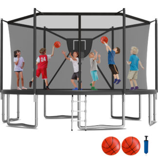 KOFUN 1500LBS 16FT Trampoline for Kids and Adults Outdoor Backyard Trampoline with Safety Enclosure Net, Removable Basketball Hoop, Ladder, 2 Balls, Black