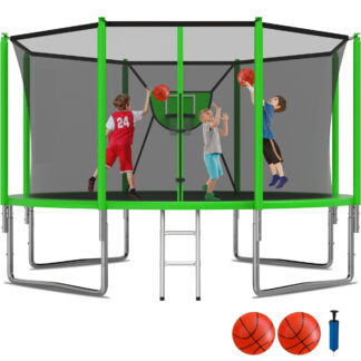 KOFUN 1200LBS 12FT Trampoline for Kids and Adults Outdoor Backyard Trampoline with Safety Enclosure Net, Removable Basketball Hoop, Ladder, 2 Balls, Green