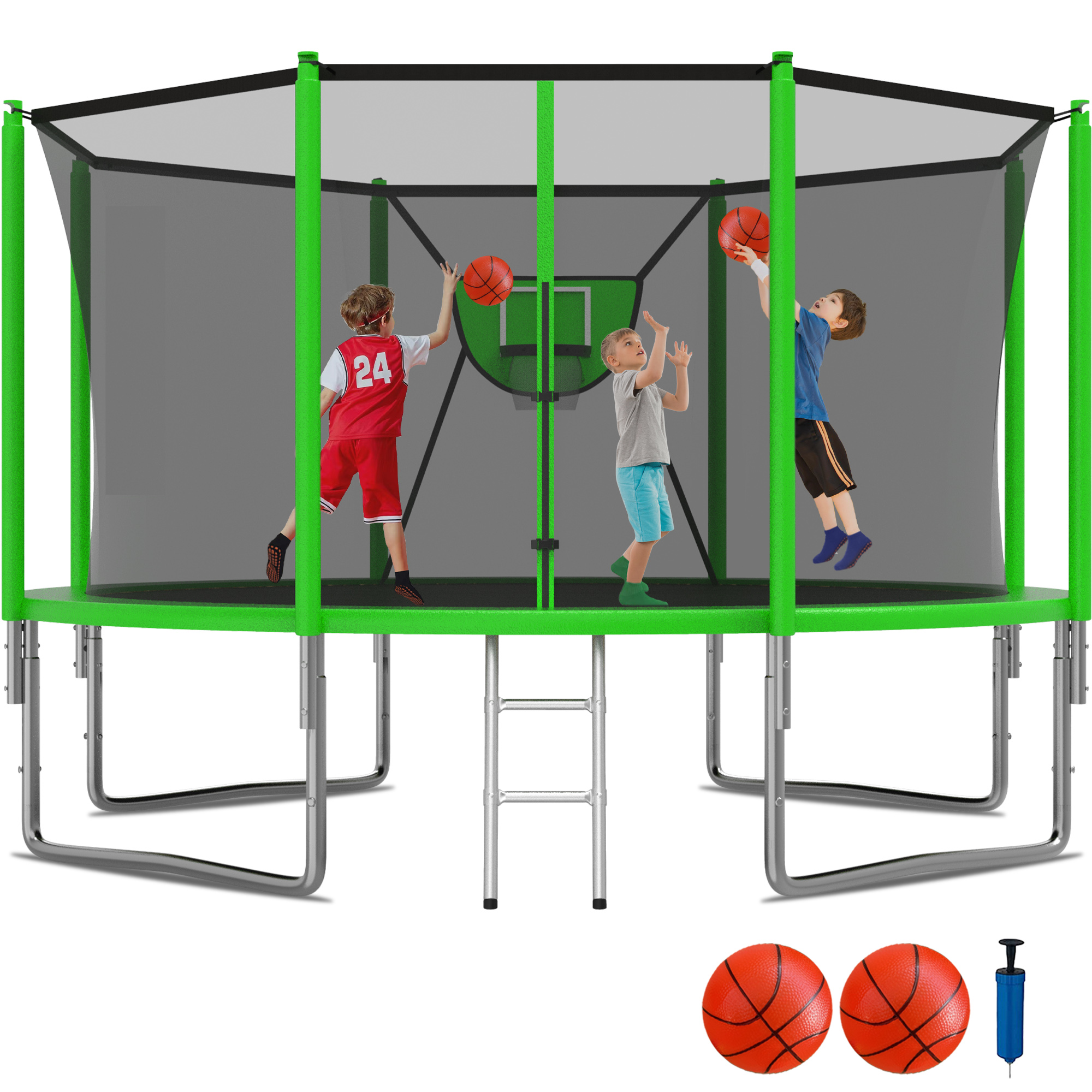 KOFUN 1200LBS 12FT Trampoline for Kids and Adults Outdoor Backyard Trampoline with Safety Enclosure Net, Removable Basketball Hoop, Ladder, 2 Balls, Green