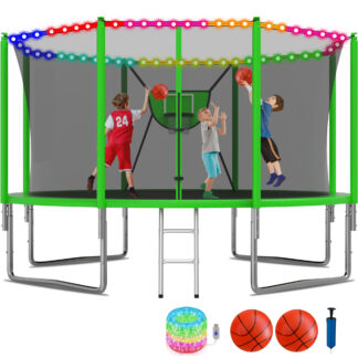 KOFUN 1200LBS 12FT Trampoline for Kids and Adults Outdoor Backyard Trampoline with Safety Enclosure Net, Removable Basketball Hoop, Ladder, Light, 2 Balls, Green