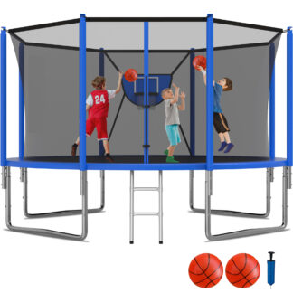 KOFUN 1200LBS 12FT Trampoline for Kids and Adults Outdoor Backyard Trampoline with Safety Enclosure Net, Removable Basketball Hoop, Ladder, 2 Balls, Blue