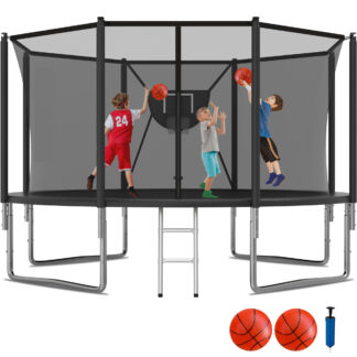 KOFUN 1200LBS 12FT Trampoline for Kids and Adults Outdoor Backyard Trampoline with Safety Enclosure Net, Removable Basketball Hoop, Ladder, 2 Balls, Black