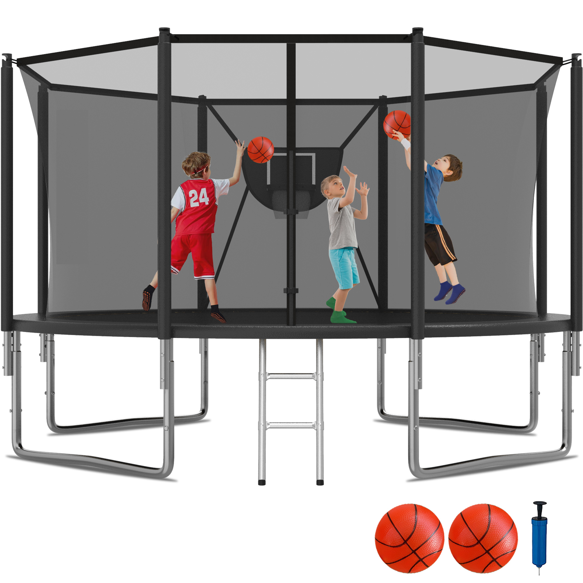 KOFUN 1200LBS 12FT Trampoline for Kids and Adults Outdoor Backyard Trampoline with Safety Enclosure Net, Removable Basketball Hoop, Ladder, 2 Balls, Black