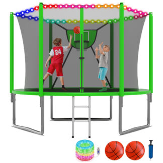 KOFUN 1000LBS 10FT Trampoline for Kids and Adults Outdoor Backyard Trampoline with Safety Enclosure Net, Removable Basketball Hoop, Ladder, Light, 2 Balls, Green