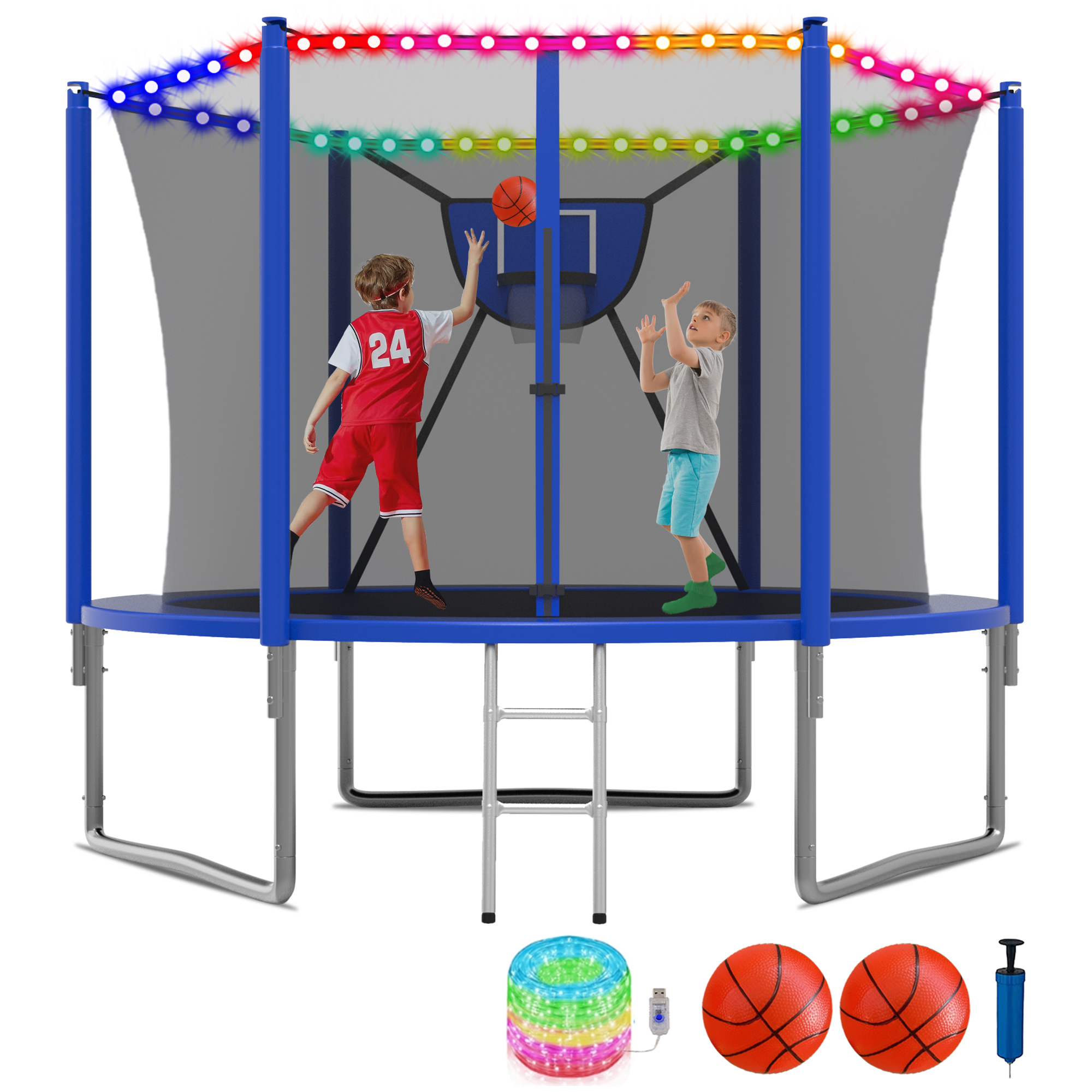 KOFUN 1000LBS 10FT Trampoline for Kids and Adults Outdoor Backyard Trampoline with Safety Enclosure Net, Removable Basketball Hoop, Ladder, Light, 2 Balls, Blue