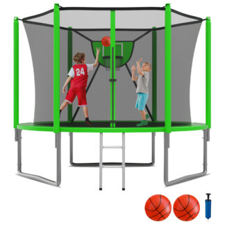KOFUN 1000LBS 10FT Trampoline for Kids and Adults Outdoor Backyard Trampoline with Safety Enclosure Net, Removable Basketball Hoop, Ladder, 2 Balls, Green
