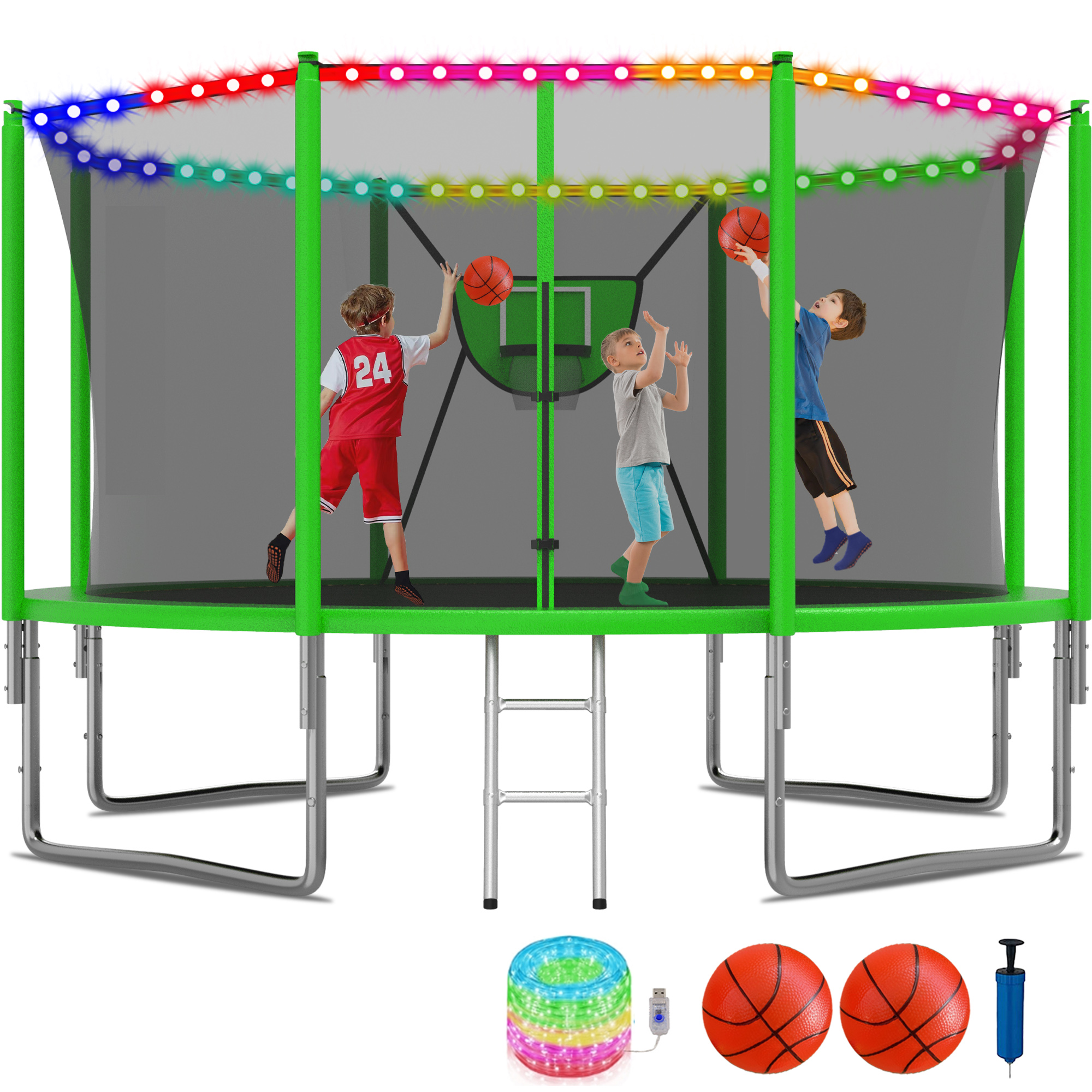 KOFUN 1200LBS 12FT Trampoline for Kids and Adults Outdoor Backyard Trampoline with Safety Enclosure Net, Removable Basketball Hoop, Ladder, Light, 2 Balls, Green