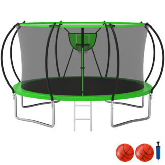 KOFUN Trampoline with Basketball Hoop, 1500lbs 10FT 12FT 14FT 16FT Trampoline for Adults and Kids, No Gap Design Backyard Trampoline with Enclosure Net, Ladder, Green