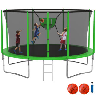 KOFUN Trampoline with Basketball Hoop, 1500lbs 10FT 12FT 14FT 16FT Trampoline for Adults and Kids, No Gap Design Backyard Trampoline with Enclosure Net, Ladder, Green
