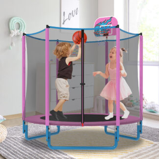 KOFUN 66" Mini Trampoline for Kids, 600LBS 5.5FT Indoor Outdoor Toddler Trampoline with Enclosure Net, Basketball Hoop and Ball, Small Trampoline Gifts for Boys and Girls Ages 1-8, Pink