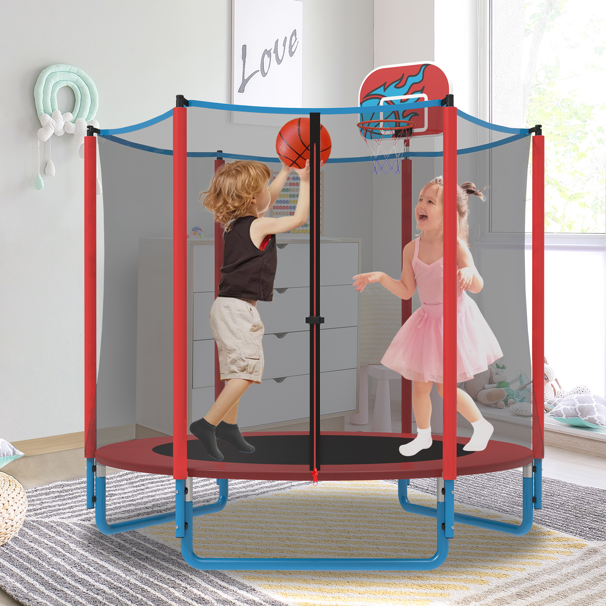 KOFUN 66" Mini Trampoline for Kids, 600LBS 5.5FT Indoor Outdoor Toddler Trampoline with Enclosure Net, Basketball Hoop and Ball, Small Trampoline Gifts for Boys and Girls Ages 1-8, Red