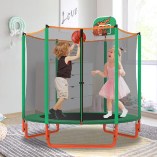 KOFUN 66″ Mini Trampoline for Kids, 600LBS 5.5FT Indoor Outdoor Toddler Trampoline with Enclosure Net, Basketball Hoop and Ball, Small Trampoline Gifts for Boys and Girls Ages 1-8, Green