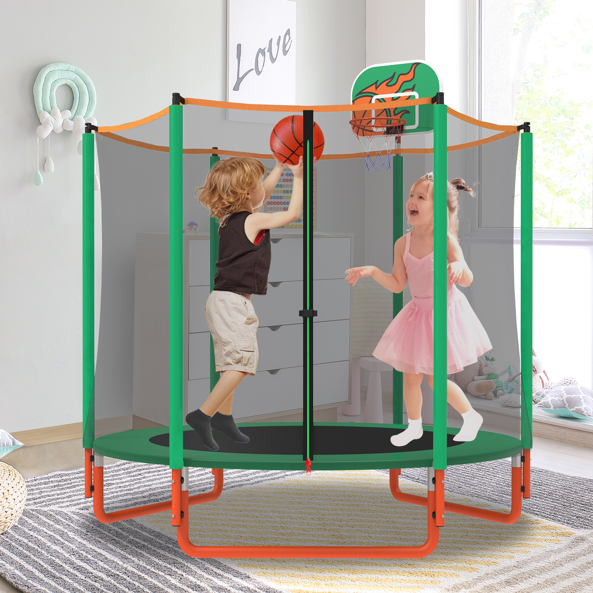 KOFUN 66″ Mini Trampoline for Kids, 600LBS 5.5FT Indoor Outdoor Toddler Trampoline with Enclosure Net, Basketball Hoop and Ball, Small Trampoline Gifts for Boys and Girls Ages 1-8, Green