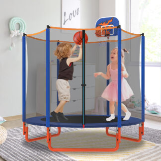 KOFUN 66" Mini Trampoline for Kids, 600LBS 5.5FT Indoor Outdoor Toddler Trampoline with Enclosure Net, Basketball Hoop and Ball, Small Trampoline Gifts for Boys and Girls Ages 1-8, Blue