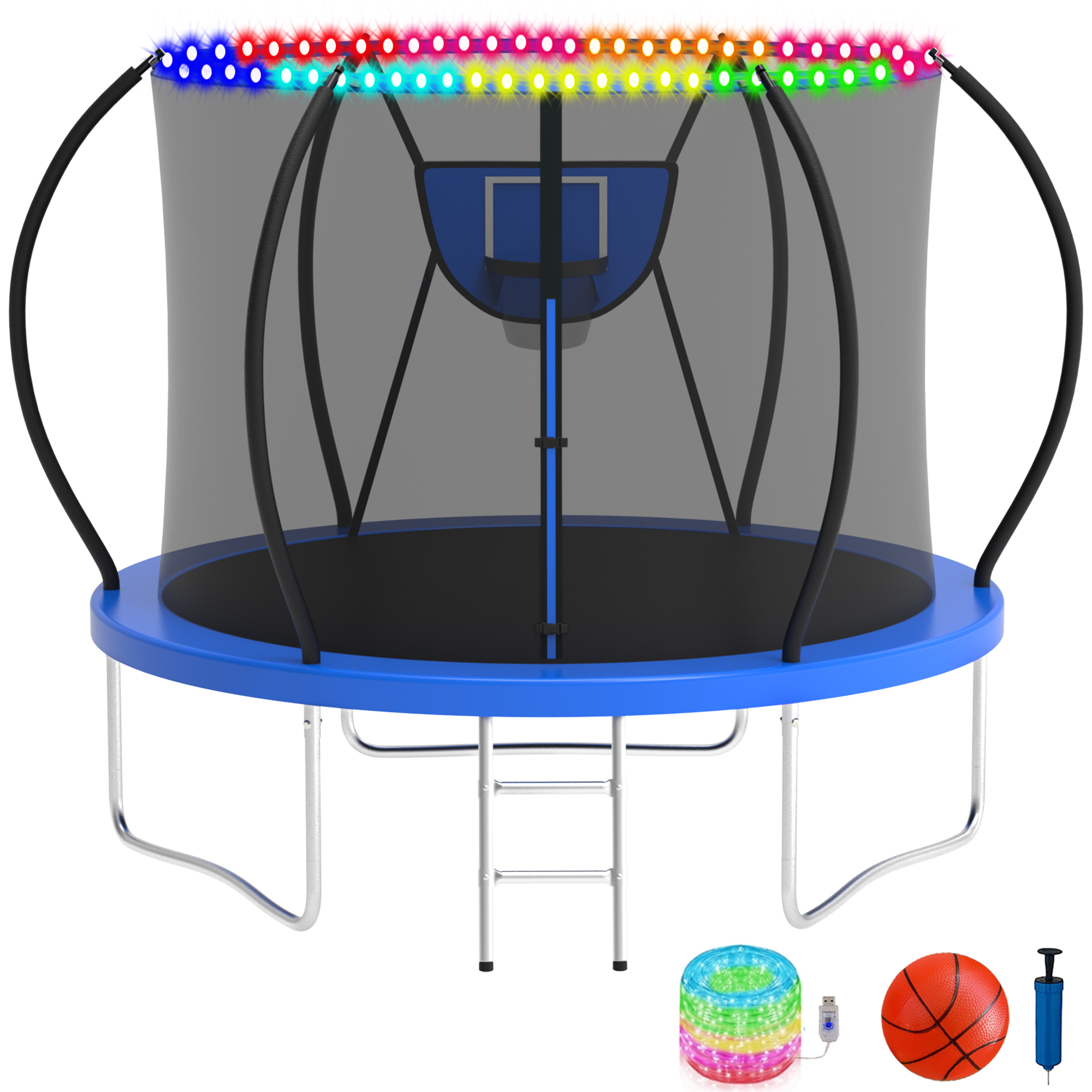 KOFUN Trampoline with Basketball Hoop & Light, 1500lbs 8FT 10FT 12FT 14FT 16FT Trampoline for Adults and Kids, No Gap Design Backyard Trampoline with Enclosure Net, Ladder, A Ball, Blue