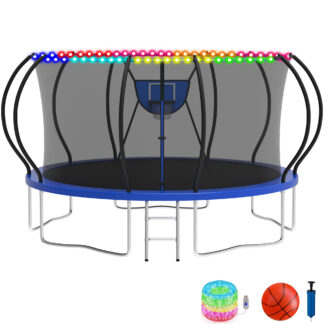 KOFUN Trampoline with Basketball Hoop & Light, 1500lbs 8FT 10FT 12FT 14FT 16FT Trampoline for Adults and Kids, No Gap Design Backyard Trampoline with Enclosure Net, Ladder, A Ball, Blue