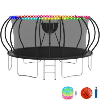 KOFUN Trampoline with Basketball Hoop & Light, 1500lbs 8FT 10FT 12FT 14FT 16FT Trampoline for Adults and Kids, No Gap Design Backyard Trampoline with Enclosure Net, Ladder, A Ball, Black