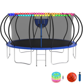 KOFUN Trampoline with Basketball Hoop & Light, 1500lbs 8FT 10FT 12FT 14FT 16FT Trampoline for Adults and Kids, No Gap Design Backyard Trampoline with Enclosure Net, Ladder, A Ball, Blue