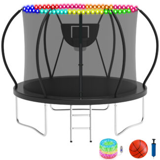 KOFUN Trampoline with Basketball Hoop & Light, 1500lbs 8FT 10FT 12FT 14FT 16FT Trampoline for Adults and Kids, No Gap Design Backyard Trampoline with Enclosure Net, Ladder, A Ball, Black