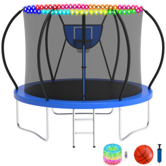 KOFUN Trampoline with Basketball Hoop & Light, 1500lbs 8FT 10FT 12FT 14FT 16FT Trampoline for Adults and Kids, No Gap Design Backyard Trampoline with Enclosure Net, Ladder, A Ball, Blue