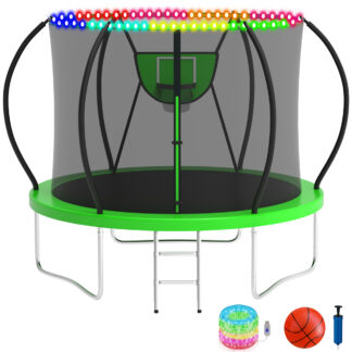 KOFUN Trampoline with Basketball Hoop & Light, 1500lbs 8FT 10FT 12FT 14FT 16FT Trampoline for Adults and Kids, No Gap Design Backyard Trampoline with Enclosure Net, Ladder, A Ball, Green